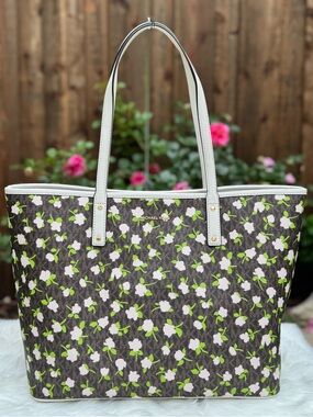 NWT Michael Kors Carter Brown Multi Large Open Tote Pink Blossoms Flowers